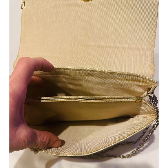Vintage Metallic Gold Evening Clutch/Purse Gold Chain Shoulder Strap letter “FRH - Picture 9 of 12